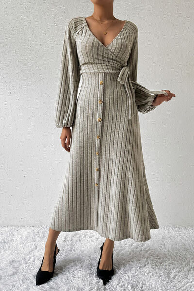 swvws Surplice Tied Balloon Sleeve Midi Dress