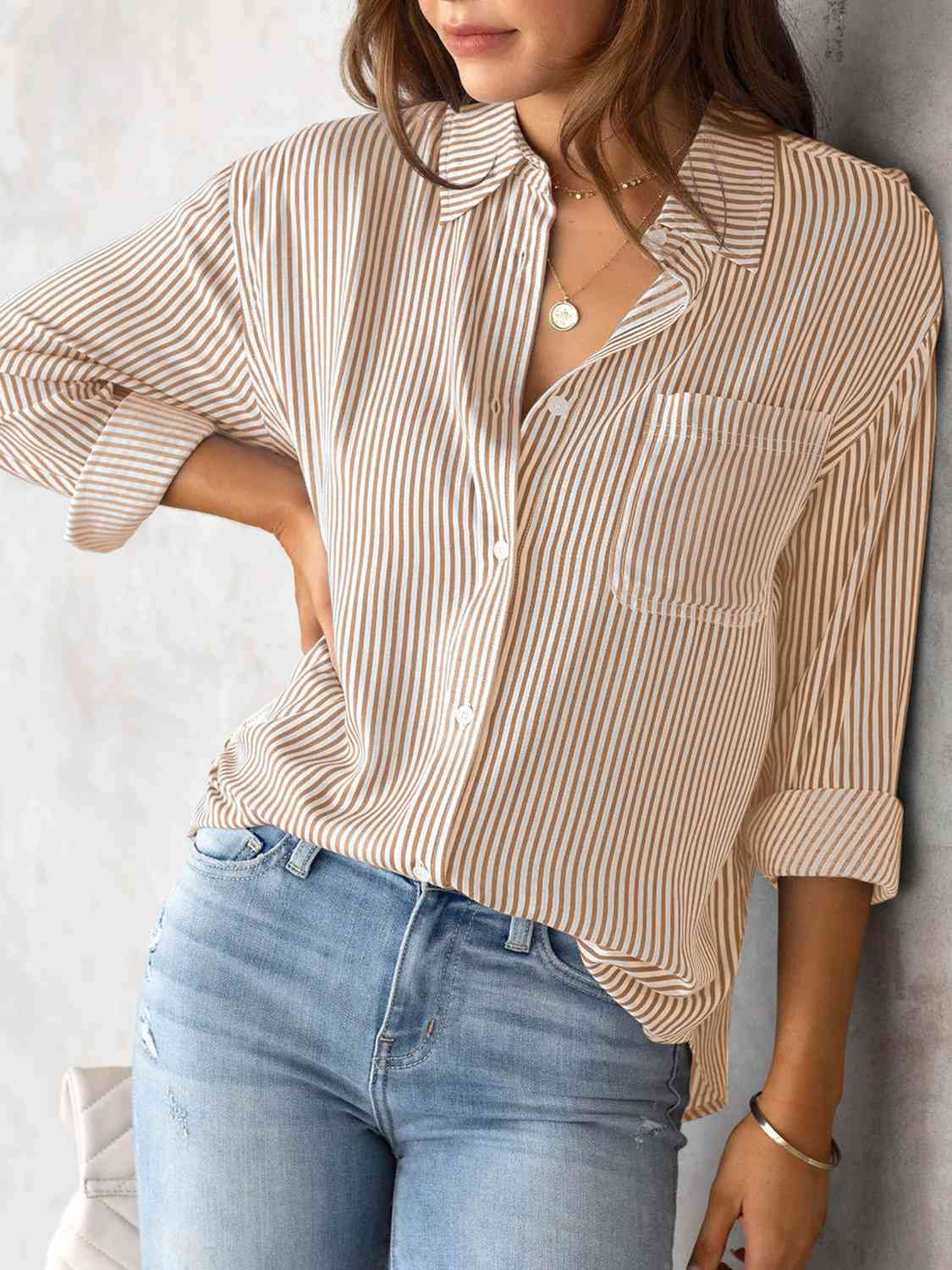 swvws Striped Collared Neck Shirt with Pocket