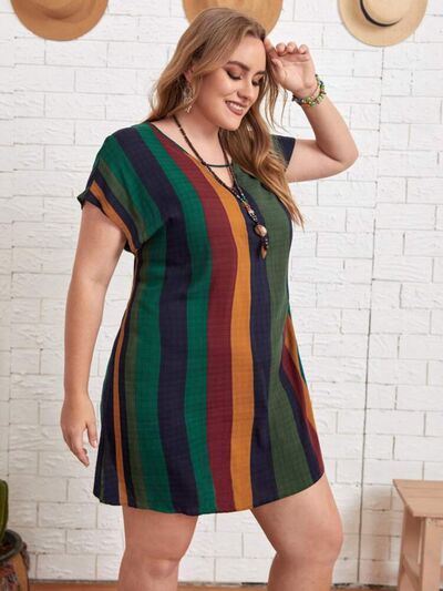 swvws Plus Size Striped Short Sleeve Mini Dress