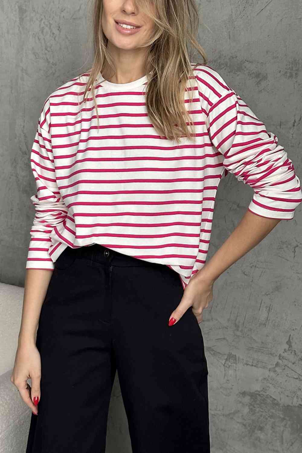 swvws Round Neck Striped Dropped Shoulder T-Shirt