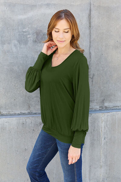 swvws Basic Bae Full Size V-Neck Lantern Sleeve Blouse