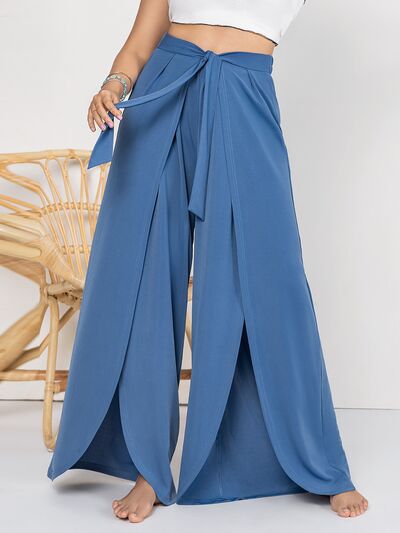 swvws Plus Size Tied Slit Wide Leg Pants