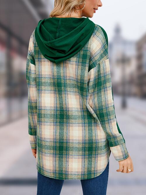 swvws Plaid Drawstring Long Sleeve Slit Hoodie