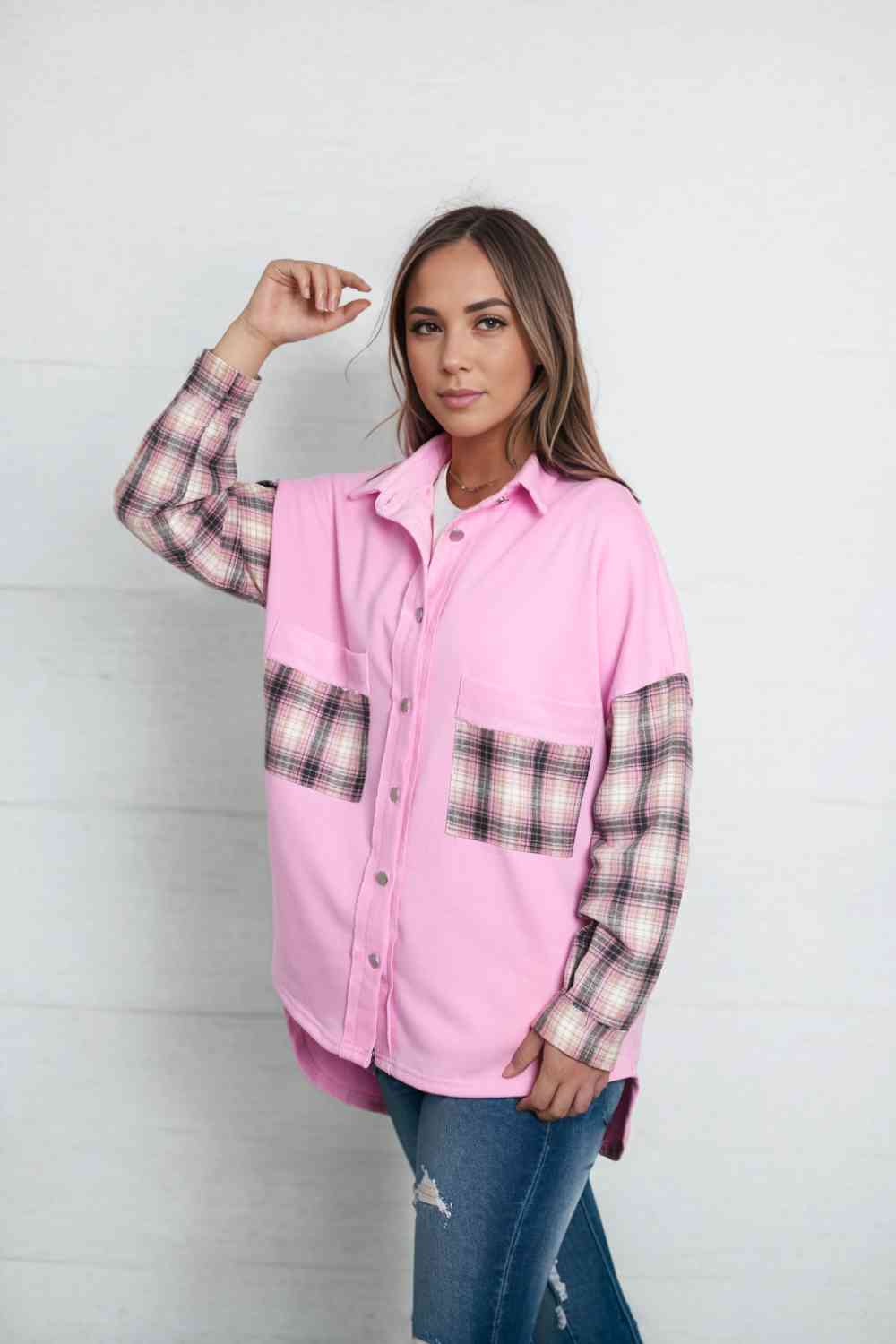 swvws Dropped Shoulder Plaid Print Collared Neck Shirt