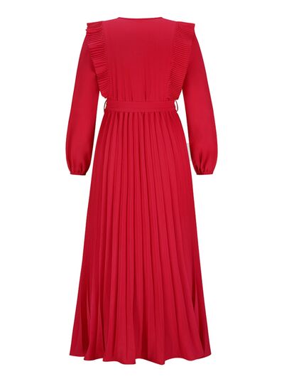 swvws Pleated Surplice Tie Waist Maxi Dress