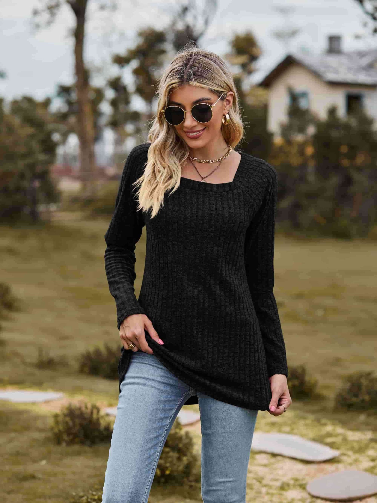 swvws Ribbed Square Neck Long Sleeve Tee