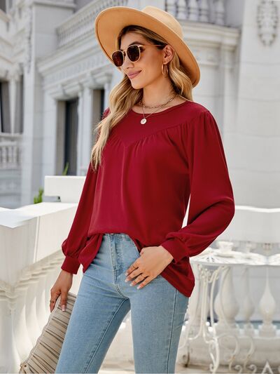 swvws Heathered Round Neck Lantern Sleeve Blouse