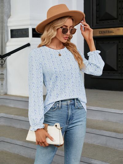 swvws Printed Round Neck Flounce Sleeve Blouse