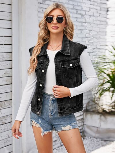 swvws Button Up Cap Sleeve Denim Jacket