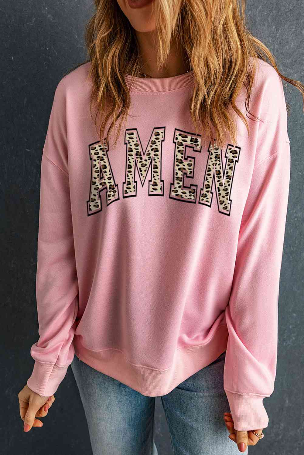 swvws Round Neck Dropped Shoulder AMEN Graphic Sweatshirt