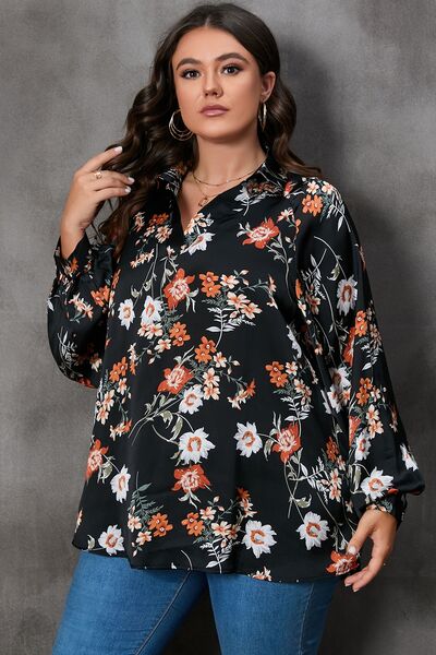 swvws Plus Size Printed Johnny Collar Long Sleeve Blouse