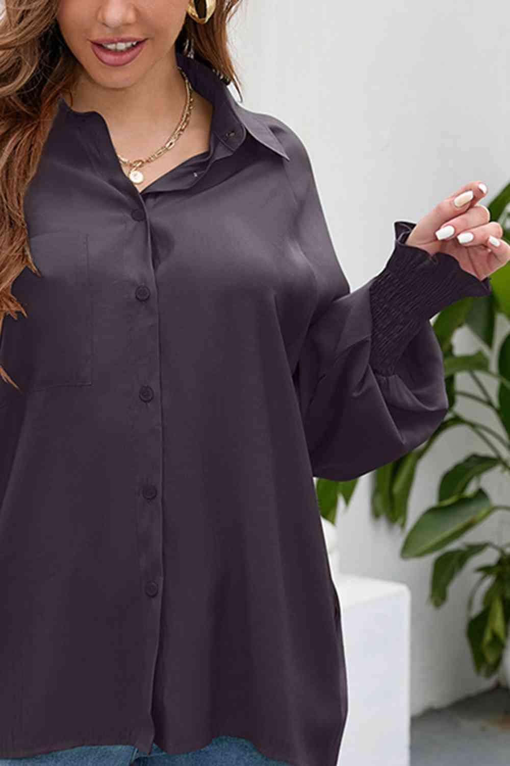 swvws High-Low Collared Neck Lantern Sleeve Shirt