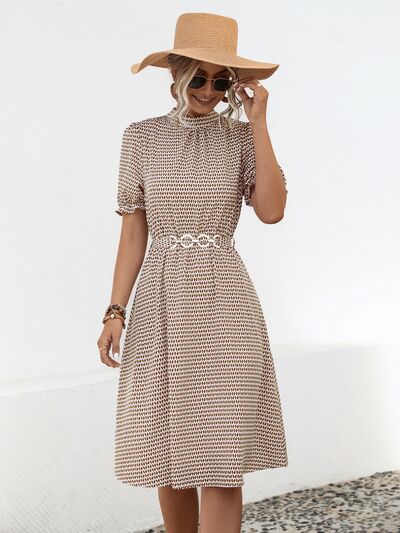 swvws Printed Mock Neck Flounce Sleeve Dress