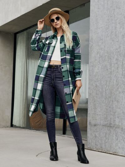 swvws Plaid Pocketed Button Up Trench Coat