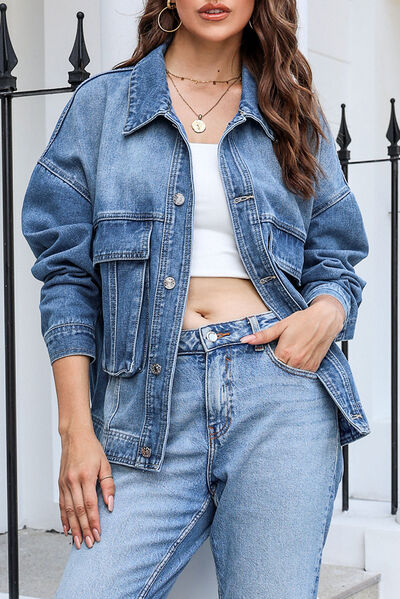 swvws Button Up Dropped Shoulder Denim Jacket with Pockets