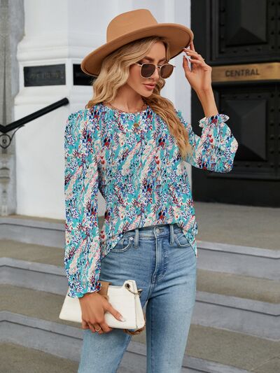 swvws Printed Round Neck Flounce Sleeve Blouse