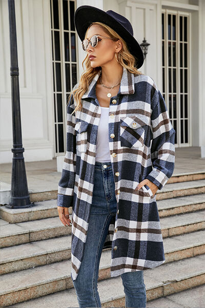 swvws Plaid Button Up Collared Neck Coat with Pockets