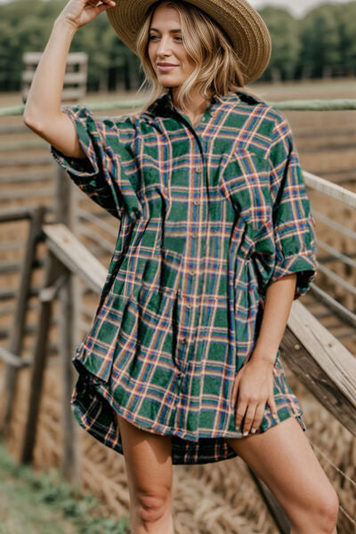 swvws Plaid Button Up Collared Neck Shirt Dress