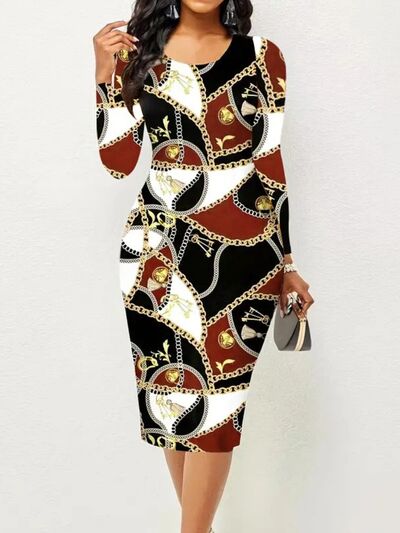 swvws Printed Round Neck Long Sleeve Midi Dress