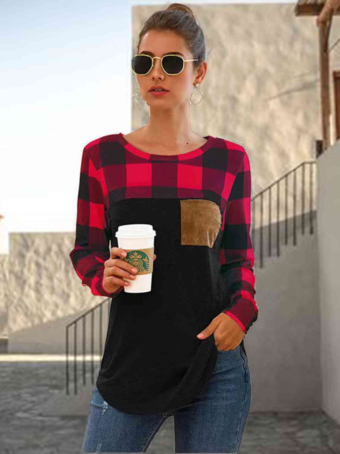 swvws Plaid Round Neck Long Sleeve T-Shirt