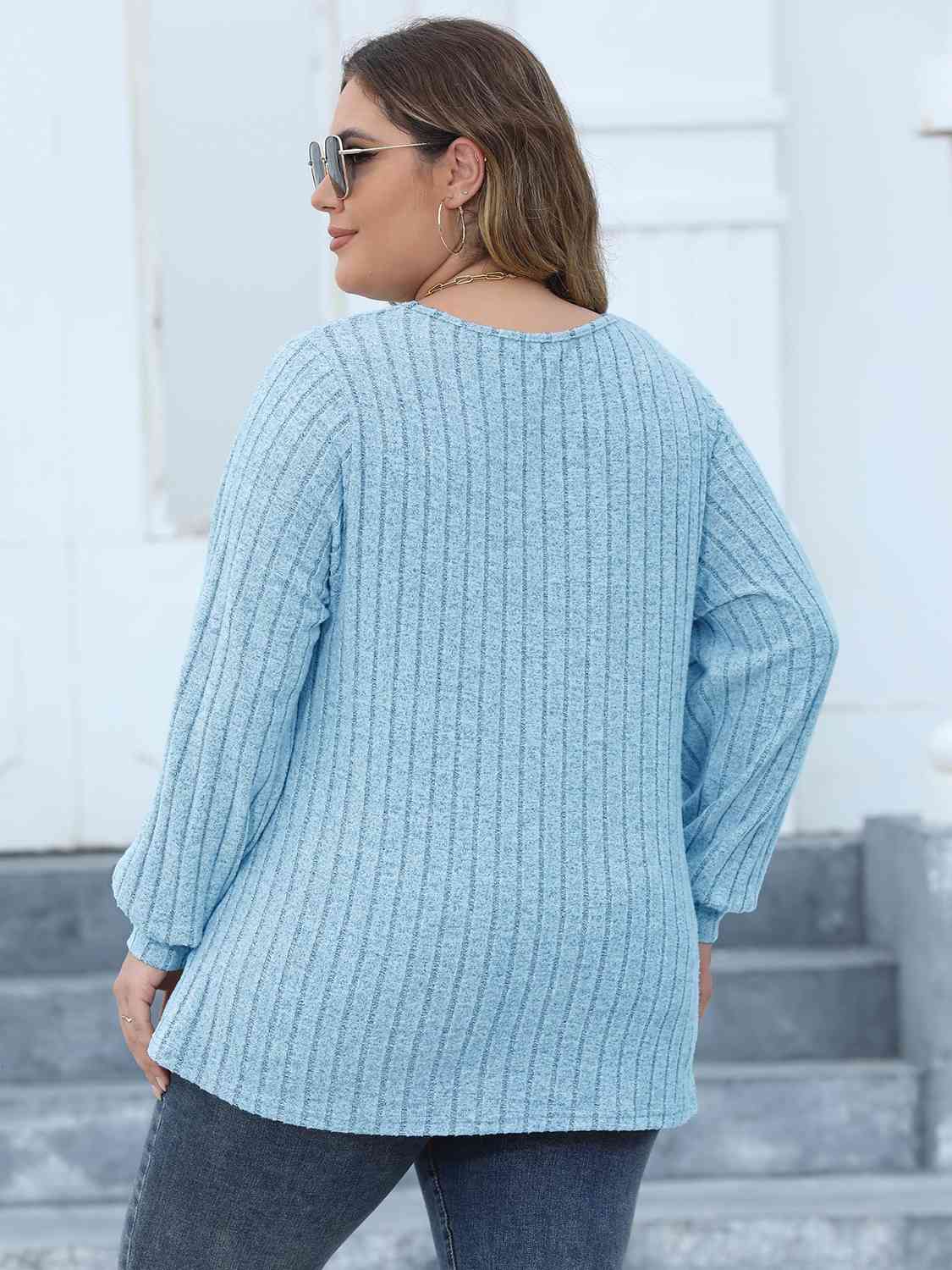 swvws Plus Size Ribbed V-Neck Long Sleeve Top