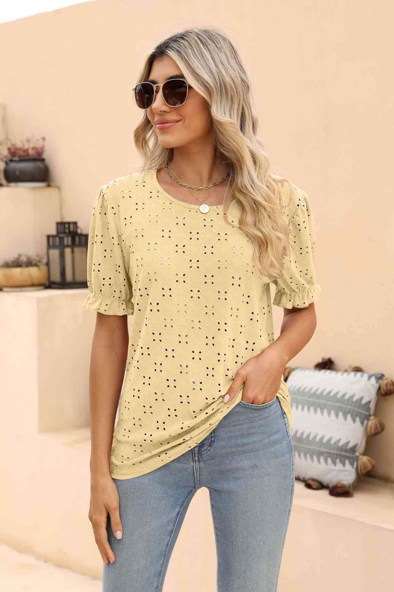 swvws Openwork Round Neck Flounce Sleeve T-Shirt