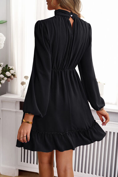 swvws Frill Ruched Mock Neck Balloon Sleeve Dress