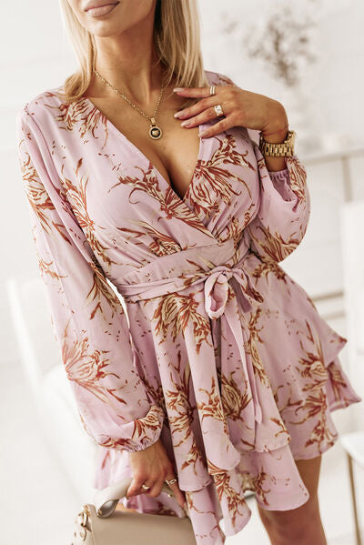 swvws Printed Surplice Balloon Sleeve Mini Dress