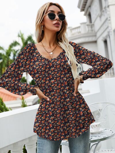 swvws Printed Scoop Neck Lantern Sleeve Blouse