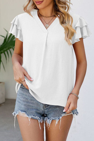 swvws Ruffled V-Neck Short Sleeve Blouse