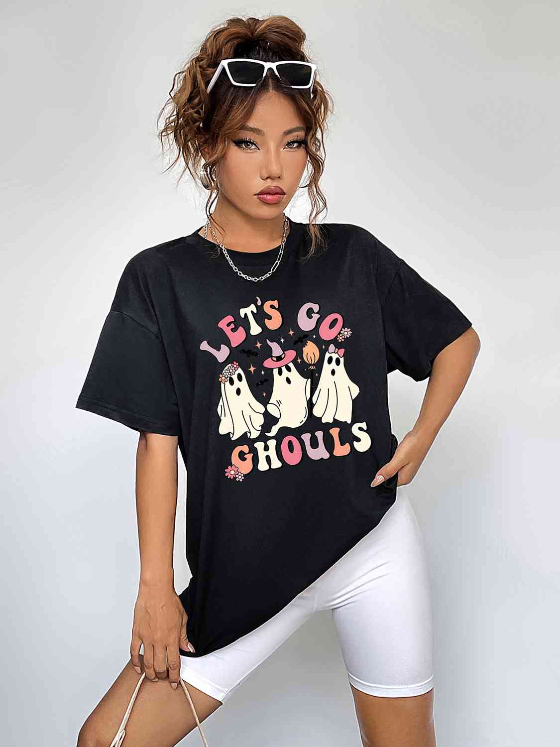 swvws Round Neck Short Sleeve LET'S GO GHOULS Graphic T-Shirt