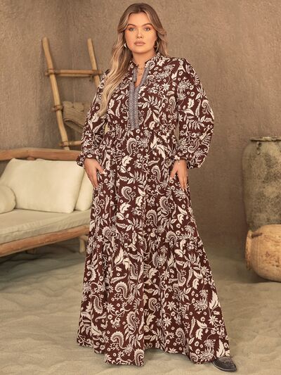 swvws Plus Size Notched Balloon Sleeve Printed Maxi Dress