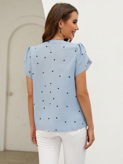 swvws Heart Print Notched Petal Sleeve Blouse