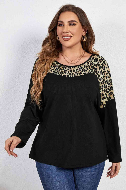 swvws Melo Apparel Plus Size Leopard Trim Round Neck Long Sleeve Tee