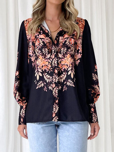 swvws Printed Collared Neck Lantern Sleeve Shirt