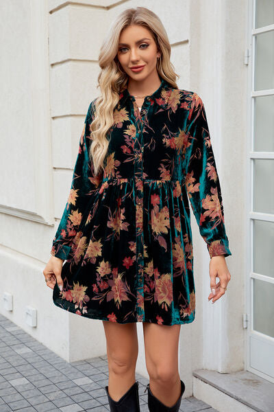 swvws Floral Button Up Collared Neck Shirt Dress