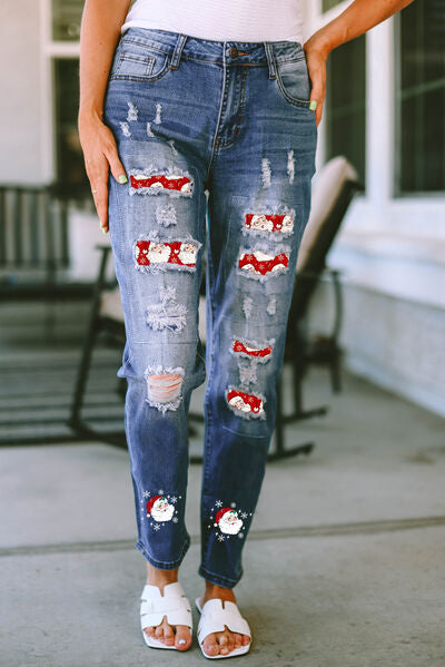 swvws Santa Graphic Distressed Jeans with Pockets