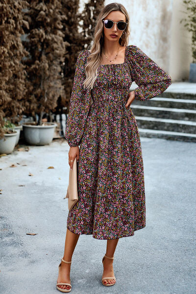 swvws Printed Balloon Sleeve Pocketed Midi Dress