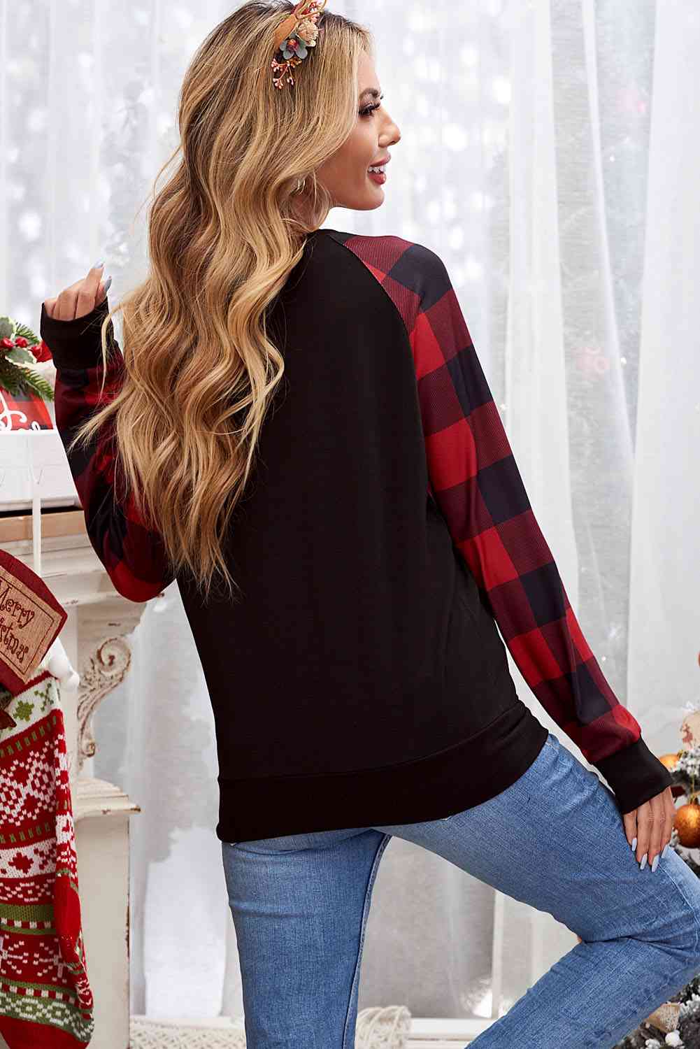 swvws Christmas Buffalo Plaid Long Sleeve Sweatshirt