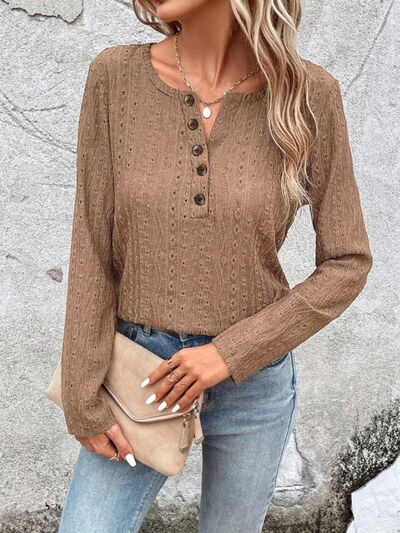 swvws Openwork Half Button Long Sleeve Blouse