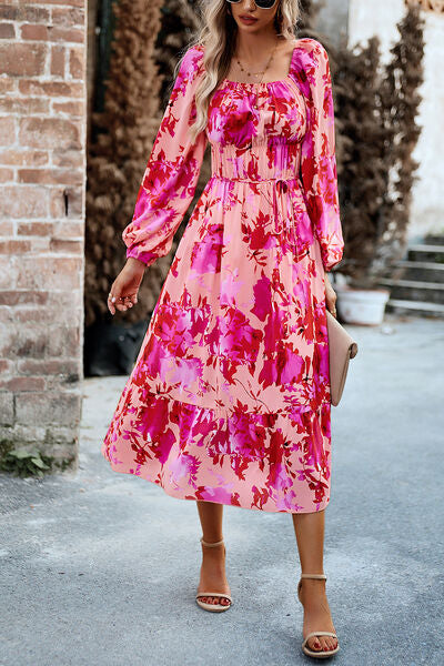 swvws Printed Balloon Sleeve Pocketed Midi Dress