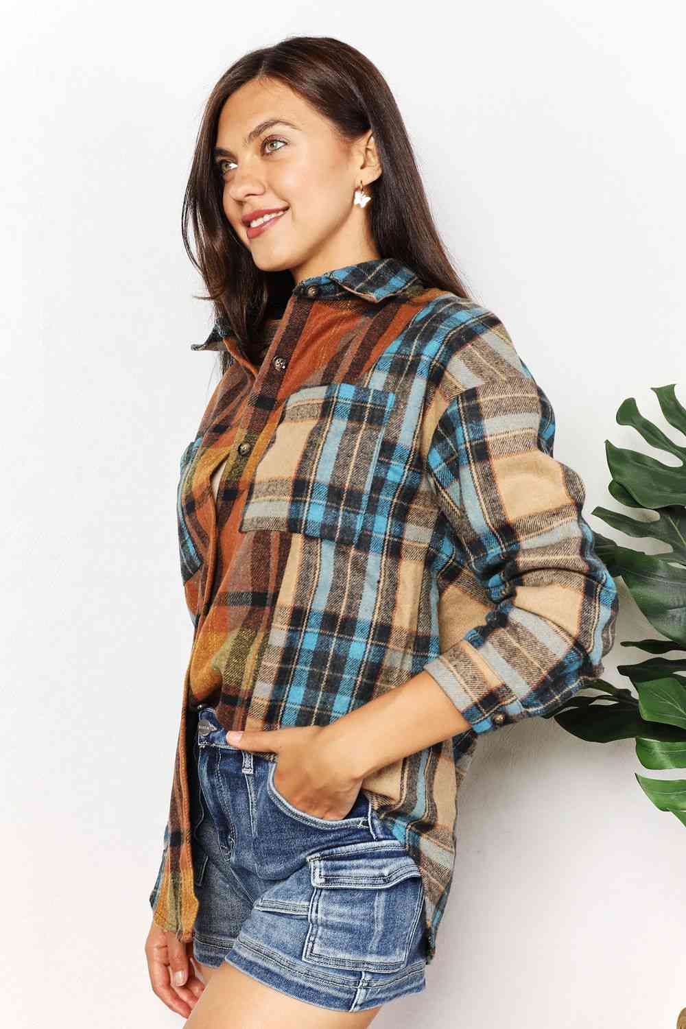 swvws Double Take Plaid Curved Hem Shirt Jacket with Breast Pockets