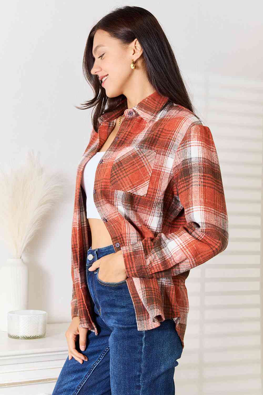 swvws Double Take Plaid Collared Neck Long Sleeve Shirt