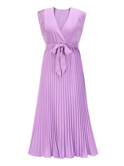 swvws Tied Surplice Cap Sleeve Pleated Dress