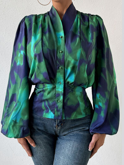 swvws Tie-Dye Button Up Balloon Sleeve Blouse