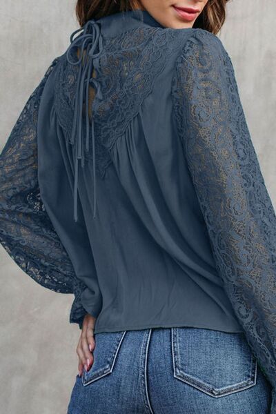 swvws Lace Detail Mock Neck Flounce Sleeve Blouse