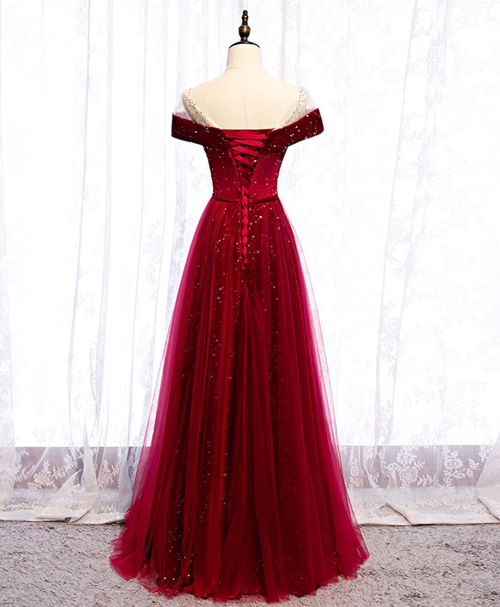 Tmallworld Glam Wine Red Tulle with Velvet Long Party Dress, Dark Red Formal Dress Prom Dress