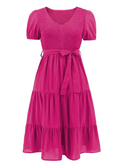 swvws Smocked Tie Front Short Sleeve Tiered Dress