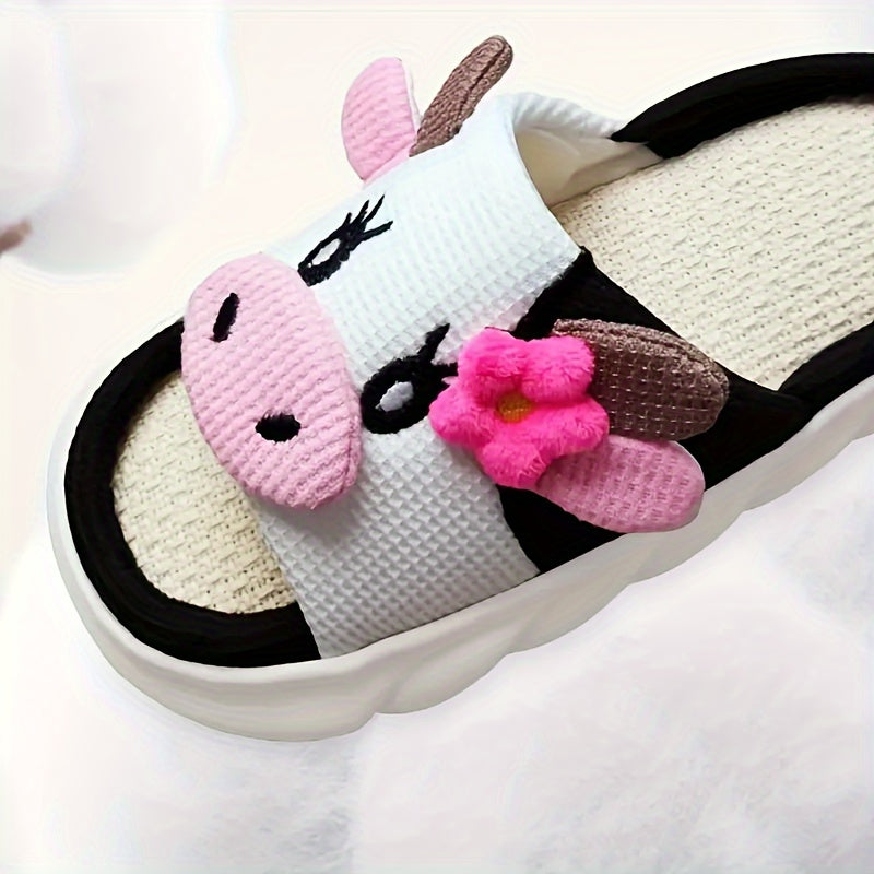 Cute Cartoon Cow Design Slippers, Casual Open Toe Linen Sole Shoes, Comfortable Indoor Home Slippers for fall