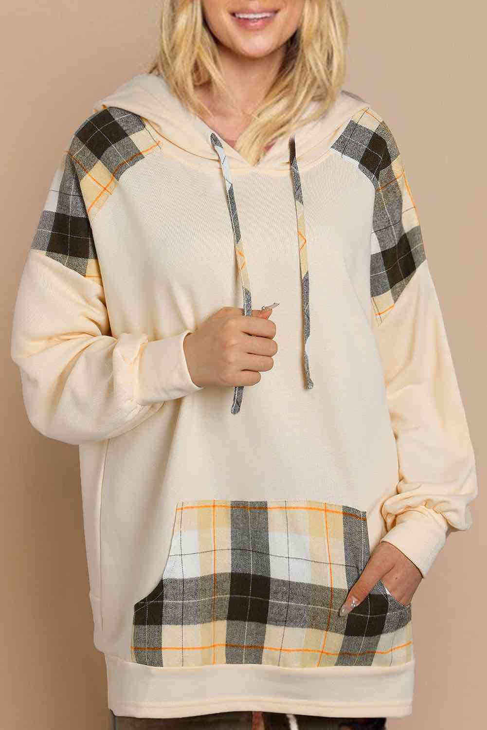 swvws Plaid Drawstring Drop Shoulder Hoodie with Pocket